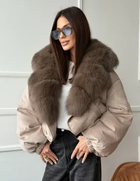 Зимний короткий пуховик с мехом - оверсайз