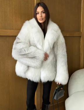 Белый полушубок из крестовой лисы - английский воротник