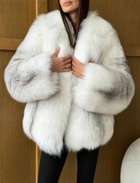 Белый полушубок из крестовой лисы - английский воротник