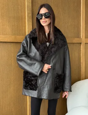 Коричневая двухсторонняя дубленка на овчине тиградо