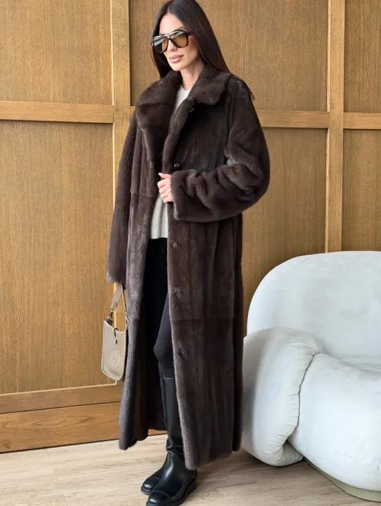 Норковая шуба - прямой крой с меховым поясом