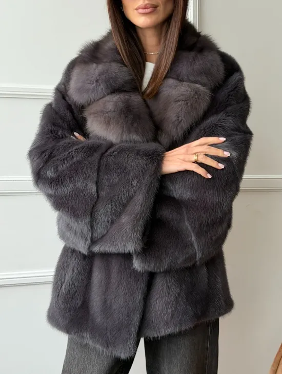 Автоледи норковая с воротником куницы - графит