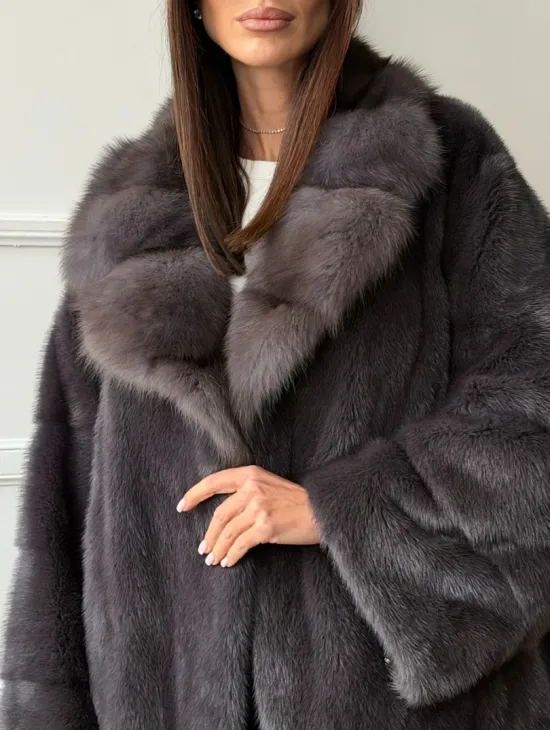 Автоледи норковая с воротником куницы - графит