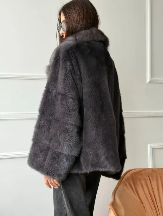 Автоледи норковая с воротником куницы - графит