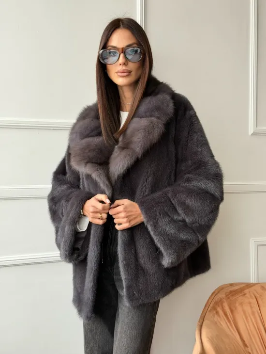 Автоледи норковая с воротником куницы - графит