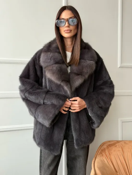 Автоледи норковая с воротником куницы - графит