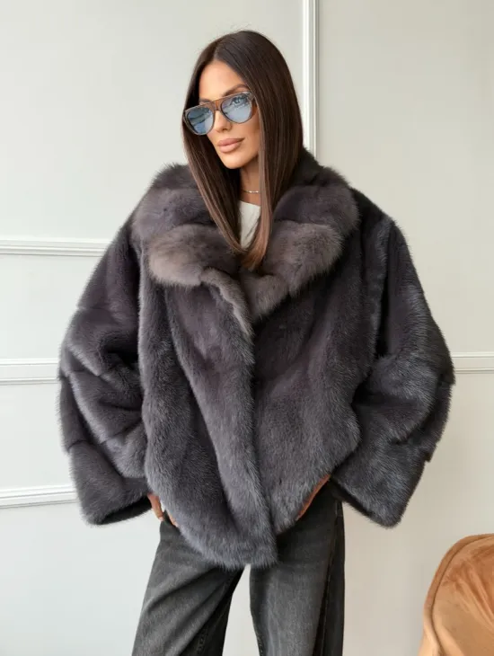 Автоледи норковая с воротником куницы - графит