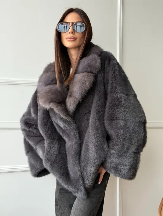 Автоледи норковая с воротником куницы - графит