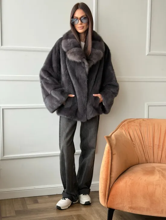 Автоледи норковая с воротником куницы - графит