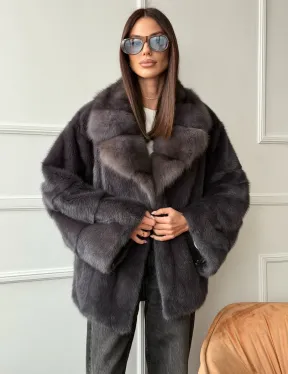 Автоледи норковая с воротником куницы - графит