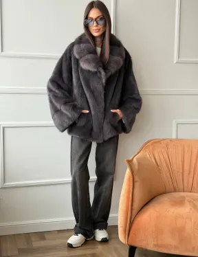 Автоледи норковая с воротником куницы - графит