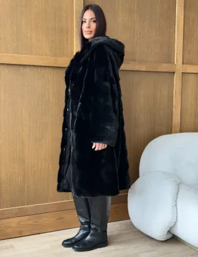 Черная норковая шуба с капюшоном