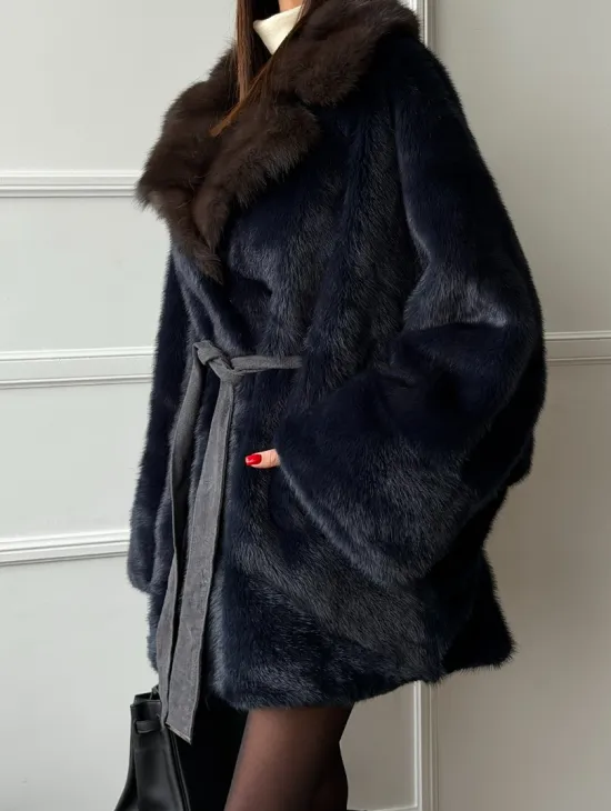 Норковый полушубок летучая мышь с воротником куницы  Dark Blue