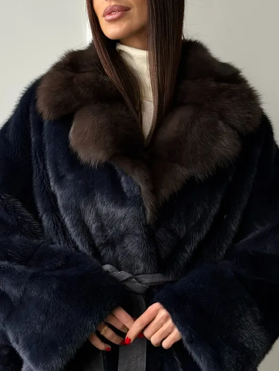 Норковый полушубок летучая мышь с воротником куницы  Dark Blue