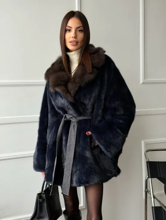 Норковый полушубок летучая мышь с воротником куницы  Dark Blue