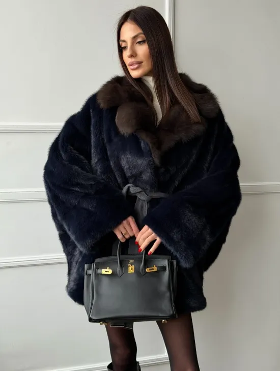 Норковый полушубок летучая мышь с воротником куницы  Dark Blue