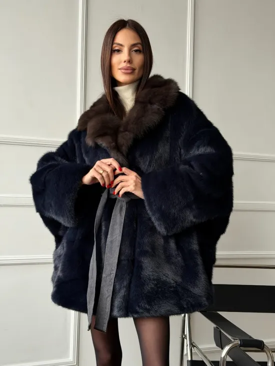 Норковый полушубок летучая мышь с воротником куницы  Dark Blue