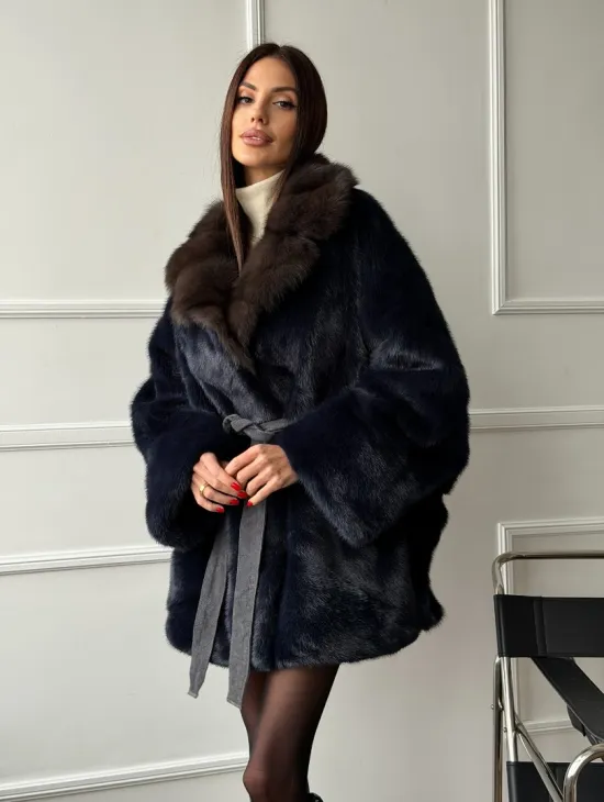 Норковый полушубок летучая мышь с воротником куницы  Dark Blue