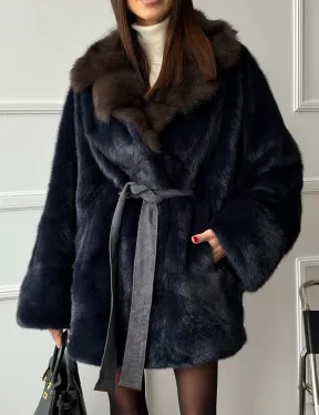 Норковый полушубок летучая мышь с воротником куницы  Dark Blue