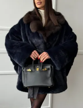 Норковый полушубок летучая мышь с воротником куницы  Dark Blue