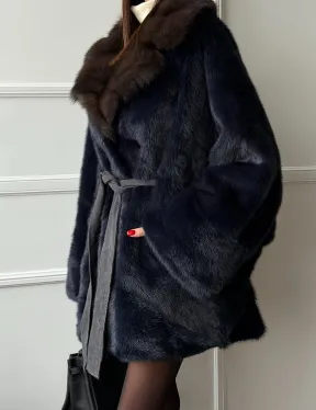 Норковый полушубок летучая мышь с воротником куницы  Dark Blue