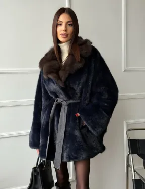 Норковый полушубок летучая мышь с воротником куницы  Dark Blue