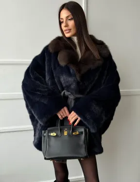 Норковый полушубок летучая мышь с воротником куницы  Dark Blue