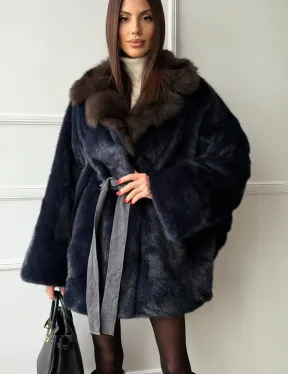 Норковый полушубок летучая мышь с воротником куницы  Dark Blue