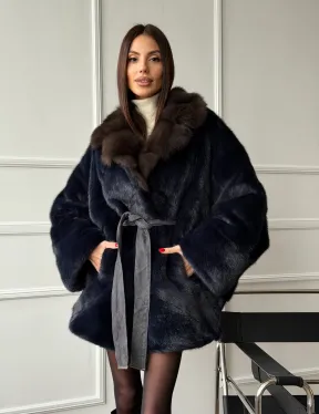 Норковый полушубок летучая мышь с воротником куницы  Dark Blue