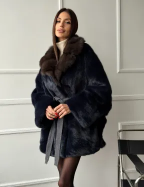 Норковый полушубок летучая мышь с воротником куницы  Dark Blue