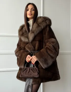 Шуба норка - кимоно с капюшоном