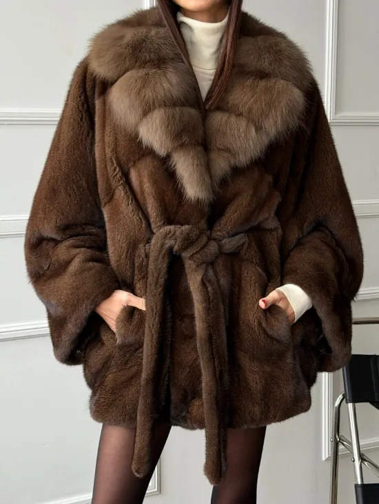 Полушубок автоледи норковый - воротник куница