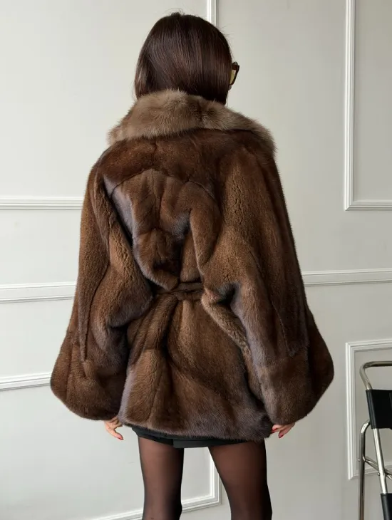 Полушубок автоледи норковый - воротник куница