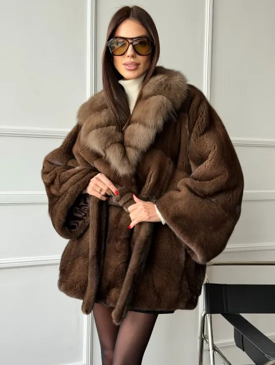 Полушубок автоледи норковый - воротник куница