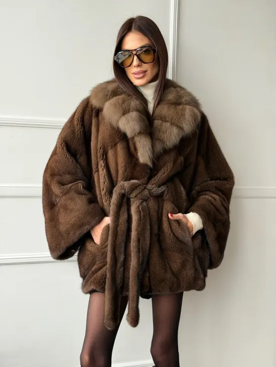 Полушубок автоледи норковый - воротник куница