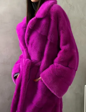 Длинная норковая шуба - цвет фуксия