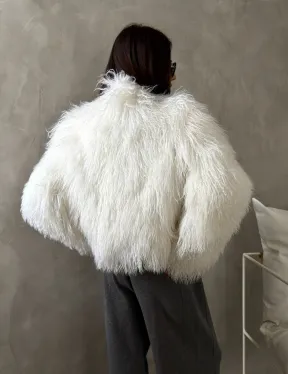 Белая кроп-шуба из меха ламы
