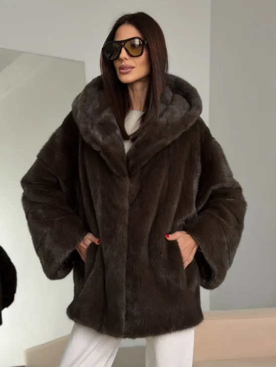 Зимняя норковая шуба с капюшоном