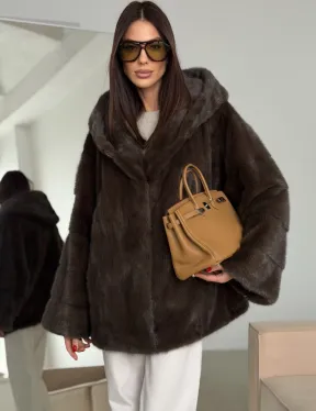 Зимняя норковая шуба с капюшоном