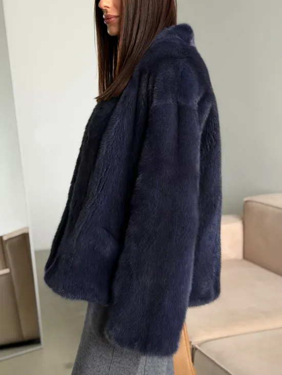 Короткий норковый жакет - синий графит