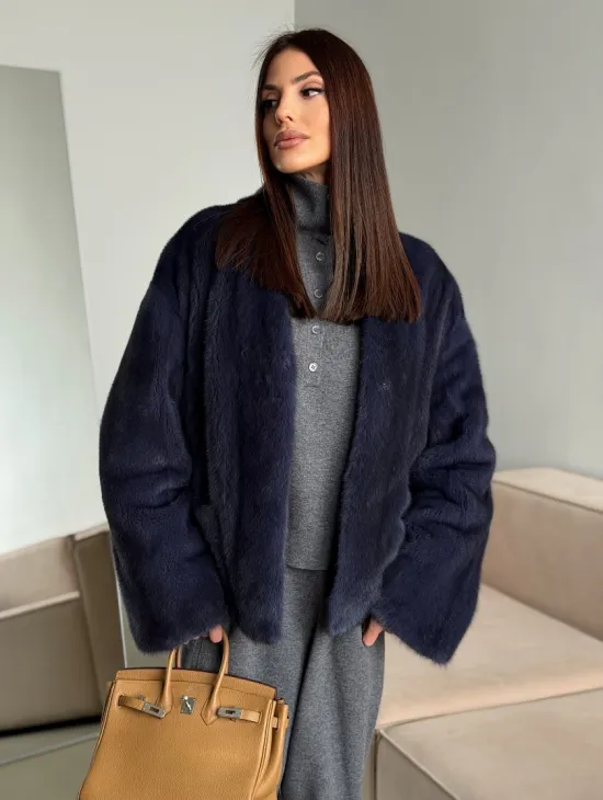 Короткий норковый жакет - синий графит