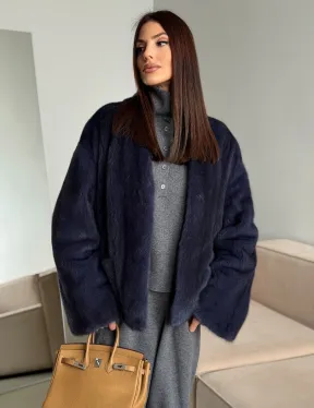 Короткий норковый жакет - синий графит