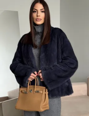 Короткий норковый жакет - синий графит
