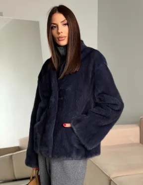 Короткий норковый жакет - синий графит
