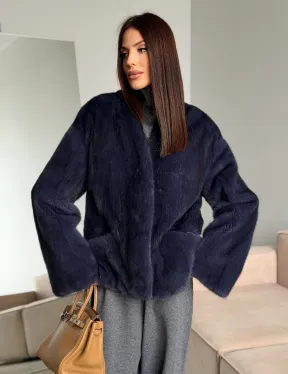 Короткий норковый жакет - синий графит