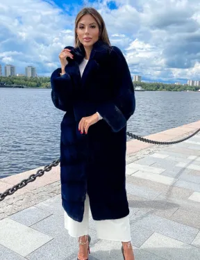 Шуба из плюшевой норки в цвете индиго