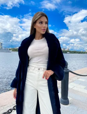 Шуба из плюшевой норки в цвете индиго