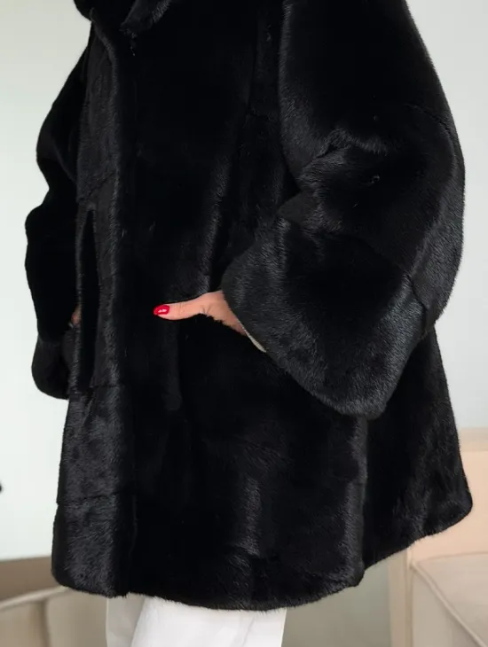 Норка шуба BLACKGLAMA паркет кимоно с капюшоном