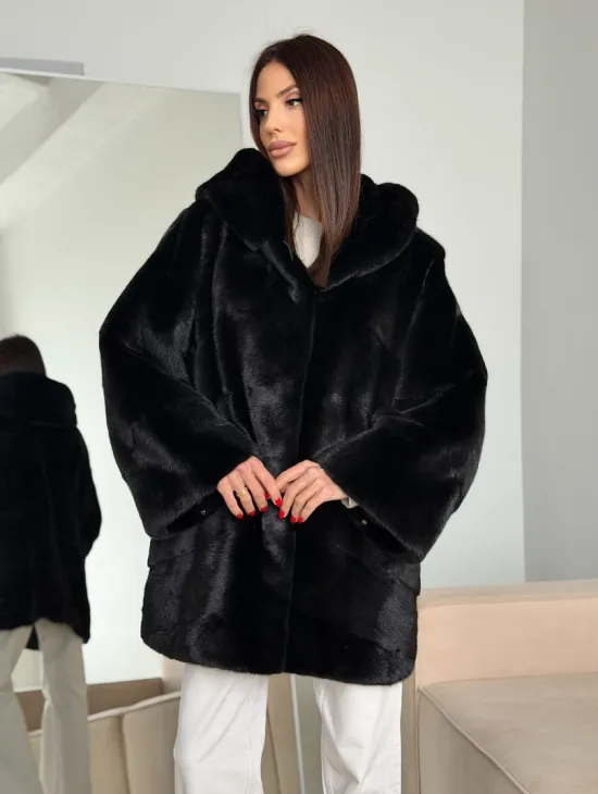 Норка шуба BLACKGLAMA паркет кимоно с капюшоном