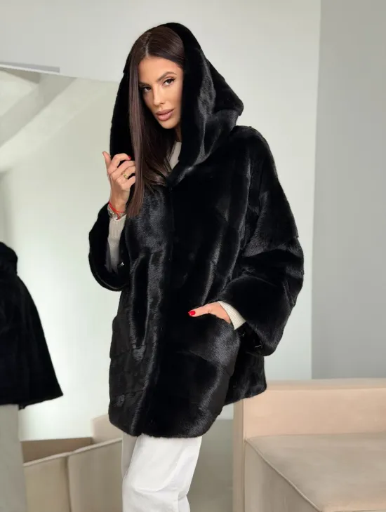 Норка шуба BLACKGLAMA паркет кимоно с капюшоном